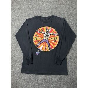 Mens Longsleeve Nine Lives Cat Graphic Black 1997 Svengali Shirt, Size L